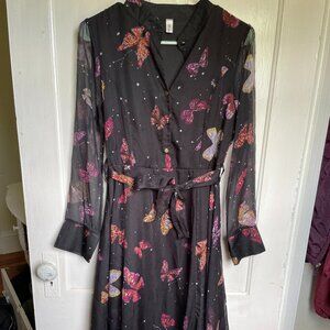 Black butterfly midi dress with button detail and tie front